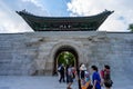 The scenery of tourists visiting at Sinmumun Gate, located in Gyeongbokgung Palace, Seoul, South Korea