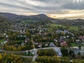 Scenery of the town and health resort in Ustron on the hills of the Silesian Beskids, Poland. Aerial drone view of beskid Royalty Free Stock Photo