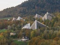 Scenery of the town and health resort in Ustron on the hills of the Silesian Beskids, Poland. Aerial drone view of beskid Royalty Free Stock Photo