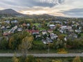 Scenery of the town and health resort in Ustron on the hills of the Silesian Beskids, Poland. Aerial drone view of beskid Royalty Free Stock Photo