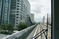 Scenery of a train traveling on the elevated rail of Yurikamome Line in Tokyo
