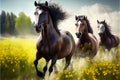 Scenery with a trio of galloping horses in a wild meadow