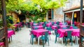 Scenery of venetian restaurant under grapewine leaves and light graphic effect.