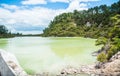 Scenery view of Lake Ngakoro waterfall the beautiful green colour lake in Wai-O-Tapu, New Zealand. Royalty Free Stock Photo