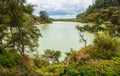 Scenery view of Lake Ngakoro waterfall the beautiful green colour lake in Wai-O-Tapu, New Zealand. Royalty Free Stock Photo