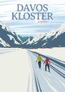 scenery of winter with couple skiing in davos koster poster, switzerland travel poster vintage illustration design Royalty Free Stock Photo