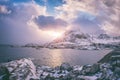 Scenery winter landscape in the Norway. Dramatic color sunset sky over the mountains and sea, Ãâ¦, O, Lofoten Islands Royalty Free Stock Photo