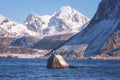 Scenery winter landscape in the Norway, wild northern nature, Lofoten Islands, Napp, Flakstad Royalty Free Stock Photo