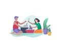 Scenes with family doing housework, couple man and woma home cleaning, washing dishes, wipe dust, water flower. Vector Royalty Free Stock Photo