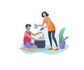 Scenes with family doing housework, couple man and woman home cleaning, washing dishes, wipe dust. Vector illustration Royalty Free Stock Photo