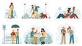 Scenes with lovers spend time together flat vector illustration. Men and women hugging, walking with dog, waiting for