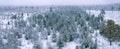 Scenic aerial close photo of fly close to snow covered pine and fir tree forest during snowfall above mountain Landscape In Royalty Free Stock Photo