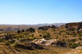 Scenic aerial landscape view of geologic formations of Cappadocia. Amazing shaped sandstone rocks Royalty Free Stock Photo