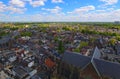 Scenic aerial landscape view of old town of Utrecht. Streets with colorful vintage buildings and ancient cathedrals