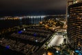 Scenic aerial panoramic long exposure view of the San Diego bay and marina at night, California Royalty Free Stock Photo