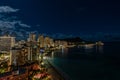 Scenic aerial panoramic Waikiki Beach night vista, Honolulu, Hawaii Royalty Free Stock Photo