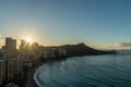 Scenic aerial panoramic Waikiki Beach vista at sunrise, Honolulu, Oahu Royalty Free Stock Photo