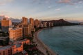 Scenic aerial panoramic Waikiki Beach vista at sunset, Honolulu, Hawaii Royalty Free Stock Photo