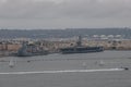 Scenic aerial Scenic San Diego Bay vista on a heavily overcast day with Navy ships in the background, California Royalty Free Stock Photo