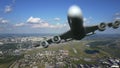 Scenic aerial shot of big commercial airplane taking off from international airport and flying by the camera. 3D Royalty Free Stock Photo