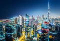 Scenic aerial skyline. Big modern city at night. Business bay, Dubai