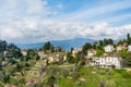 Scenic aerial view of Bergamo city. Flying over Citta Alta, town\'s upper district Royalty Free Stock Photo