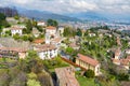 Scenic aerial view of Bergamo city. Flying over Citta Alta, town\'s upper district Royalty Free Stock Photo