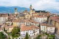 Scenic aerial view of Bergamo city. Flying over Citta Alta, town\'s upper district Royalty Free Stock Photo