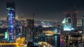 Scenic aerial view of a big modern city at night timelapse. Business bay, Dubai, United Arab Emirates. Royalty Free Stock Photo