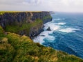Scenic aerial view of Cliffs of Moher at sunrise Royalty Free Stock Photo