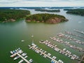 Scenic aerial view of colorful boats near wooden berth Royalty Free Stock Photo