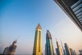 Scenic aerial view on downtown Dubai, United Arab Emirates with skyscrapers and highways. Colourful travel background