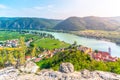 Scenic aerial view of Durnstein Village, Wachau Valley of Danube River, Austria