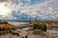 Scenic aerial view of Gamla Stan - Old Town - and Slussen in Stockholm at sunset