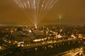 Scenic aerial view of Gediminas tower in Vilnius Old Town beautifully illuminated for 700th birthday celebration. Main symbol of