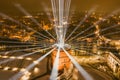 Scenic aerial view of Gediminas tower in Vilnius Old Town beautifully illuminated for 700th birthday celebration. Main symbol of