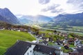 Scenic aerial view of hillside villages of Triesenberg and the river Rhine in Liechtenstein, an alpine country in Europe