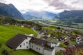 Scenic aerial view of hillside villages of Triesenberg and the river Rhine in Liechtenstein, an alpine country in Europe