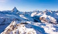 Mountain ridge Gornergrat with observatory on background of Matterhorn peak, Switzerland Royalty Free Stock Photo