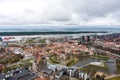 Scenic aerial view of the Old town of Klaipeda, Lithuania in evening. Klaipeda city port area and it`s surroundings on autumn day