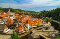 Scenic aerial view over the old Town of Cesky Krumlov, Czech Republic