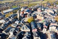 Aerial view of Spanish town of Puigcerda with medieval church belfry Royalty Free Stock Photo