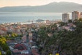 Scenic aerial view of Rijeka port city on Adriatic seacoast, beautiful cityscape in sunset light, Kvarner bay, Croatia