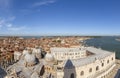 Scenic aerial view to roof of st. Mark`s cathedral and the doge`s palace and skyline of Venice