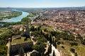 Aerial view of Tudela cityscape with Monument to Sacred Heart of Jesus