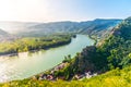 Scenic aerial view of Wachau Valley and Danube River from Durnstein Castle ruins, Austria