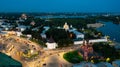 Aerial view of Yaroslavl on Volga overlooking Transfiguration monastery and Epiphany church at twilight Royalty Free Stock Photo