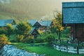 Scenic alpine countryside landscape, small village in slovenian Julian Alps region