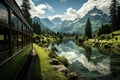 Scenic Alpine Train Journey Along a Calm Mountain Lake. Generative AI Royalty Free Stock Photo