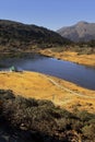 scenic alpine valley and PT Tso or penga teng tso lake surrounded by himalaya mountains